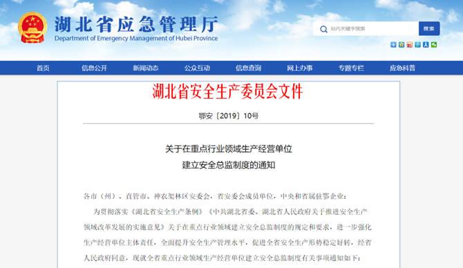 湖北省安委会发布《关于在重点行业领域生产经营单位建立安全总监制度的通知》